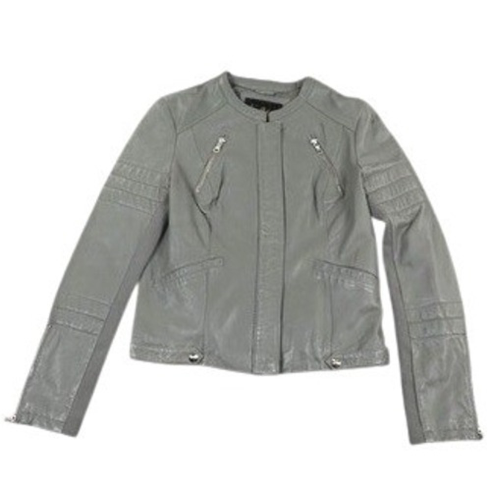 Sam Edelman Leather Jacket Women Medium Grey Moto Biker Collarless Ribbed Sleeve